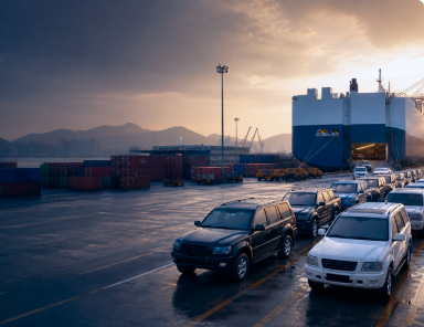 Vehicles prepared for global logistics at port