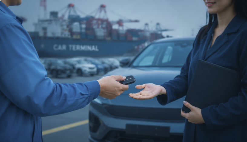International vehicle export payment handoff